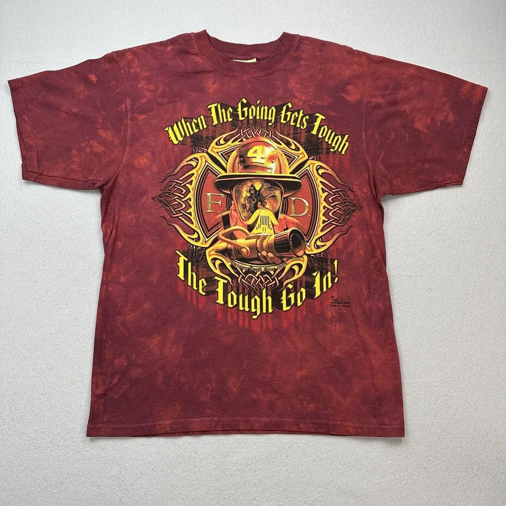 Vintage The Mountain Shirt Mens Medium Red Tie Dye Firefighter Reaper Tribal